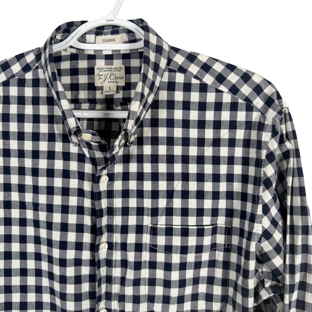 J. Crew Secret Wash Stretch Shirt Button Down Mens L Navy Gingham Organic Cotton